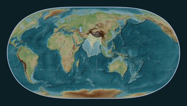 Doğal Dünya II projeksiyonunda Viki stili yükseklik haritasındaki Hint tektonik plakası meridyensel olarak ortalanmış.. 