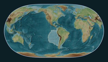 Doğal Dünya II projeksiyonunun meridyenik merkezli Wiki tarzı yükseklik haritasında Nazca tektonik plakası. 