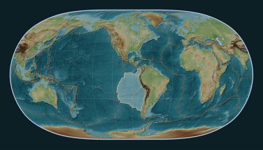Doğal Dünya II projeksiyonunda Viki stil yükseltme haritasındaki Nazca tektonik plakası meridyensel olarak ortalanmıştır. Diğer kalıpların sınırları