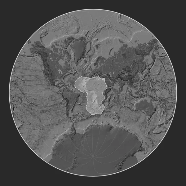 African tectonic plate on the bilevel elevation map in the Lagrange Oblique projection centered meridionally and latitudinally. Boundaries of other plates