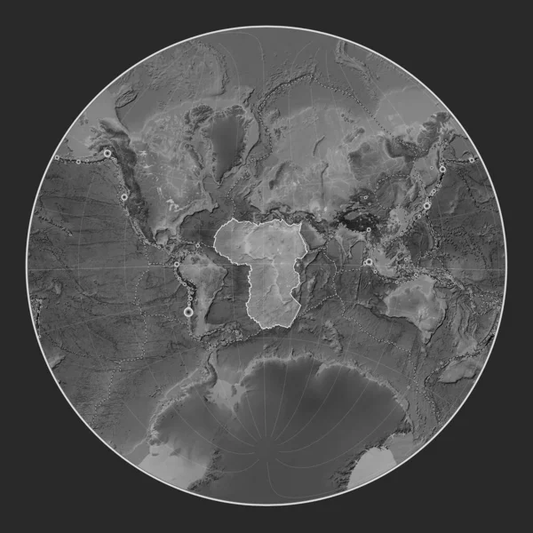 African tectonic plate on the grayscale elevation map in the Lagrange Oblique projection centered meridionally and latitudinally. Locations of earthquakes above 6.5 magnitude recorded since the early 17th century