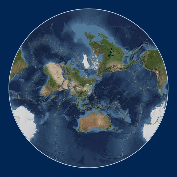 Amur tectonic plate on the Blue Marble satellite map in the Lagrange Oblique projection centered meridionally and latitudinally. Boundaries of other plates