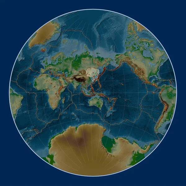 Amur Tectonic Plate Physical Elevation Map Lagrange Projection Centered Meridionally — Stock Photo, Image