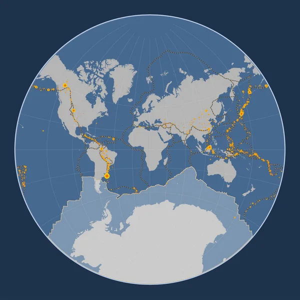 在拉格朗日投影的固体等高线图上 南极洲板块呈经向中心 17世纪初以来记录的6 5级以上地震位置 — 图库照片