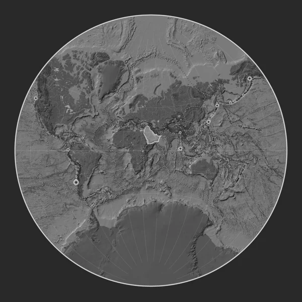 Arabian tectonic plate on the bilevel elevation map in the Lagrange projection centered meridionally. Locations of earthquakes above 6.5 magnitude recorded since the early 17th century