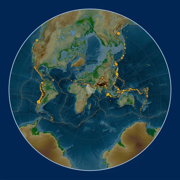 Arabian tectonic plate on the physical elevation map in the Lagrange Oblique projection centered meridionally and latitudinally. Locations of earthquakes above 6.5 magnitude recorded since the early 17th century