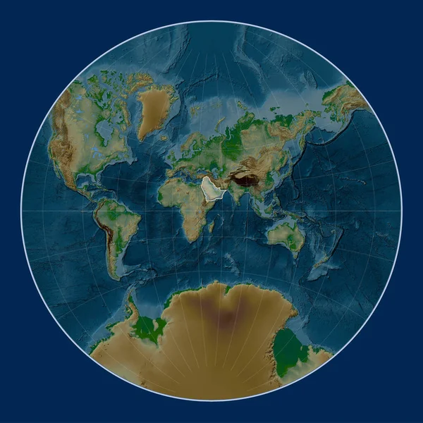 Arabian tectonic plate on the physical elevation map in the Lagrange projection centered meridionally.