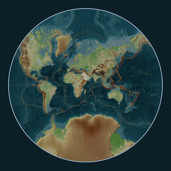 Arabian tectonic plate on the Wiki style elevation map in the Lagrange projection centered meridionally. Distribution of known volcanoes