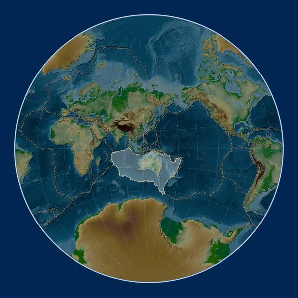 Lagrange Projeksiyonunun Fiziksel Yükseklik Haritasındaki Avustralya Tektonik Plakası Meridyenik Olarak — Stok fotoğraf