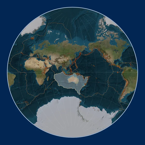Австралийская Тектоническая Плита Спутниковой Карте Голубой Мрамор Проекции Лагранжа Сосредоточена — стоковое фото