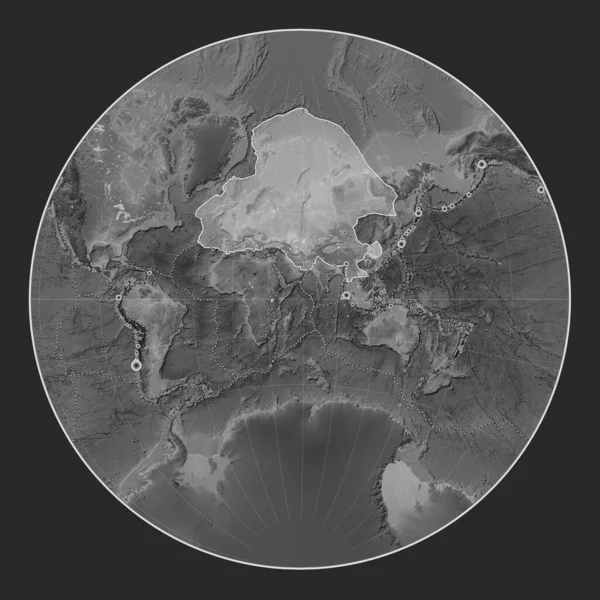 拉格朗日投影灰度高程图上的欧亚板块呈经向中心 17世纪初以来记录的6 5级以上地震位置 — 图库照片