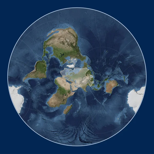 Eurasian tectonic plate on the Blue Marble satellite map in the Lagrange Oblique projection centered meridionally and latitudinally.