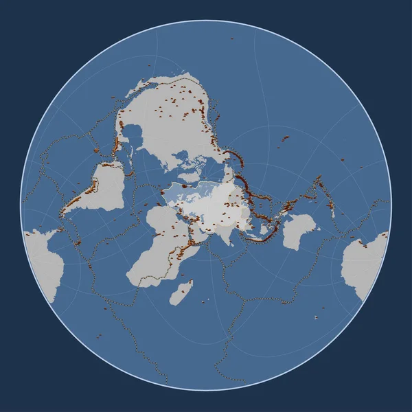 Eurasian tectonic plate on the solid contour map in the Lagrange Oblique projection centered meridionally and latitudinally. Distribution of known volcanoes