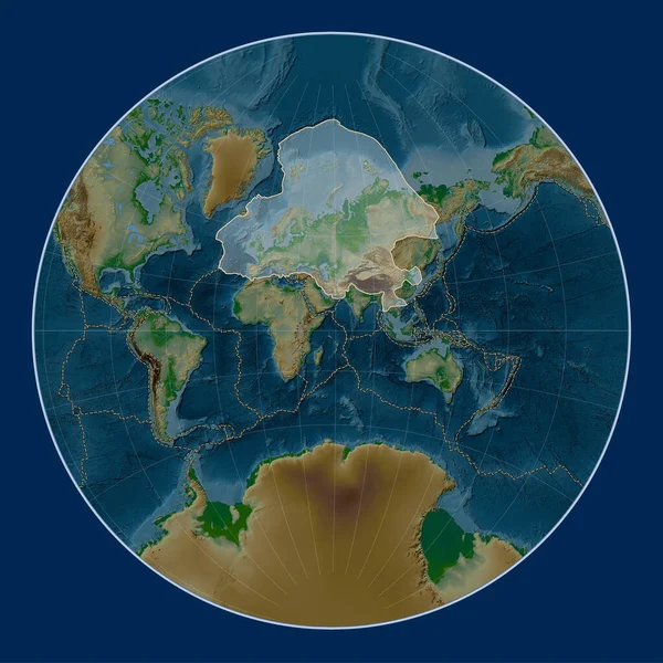 Placa Tectónica Eurasiática Mapa Elevación Física Proyección Lagrange Centrada Meridionalmente — Foto de Stock