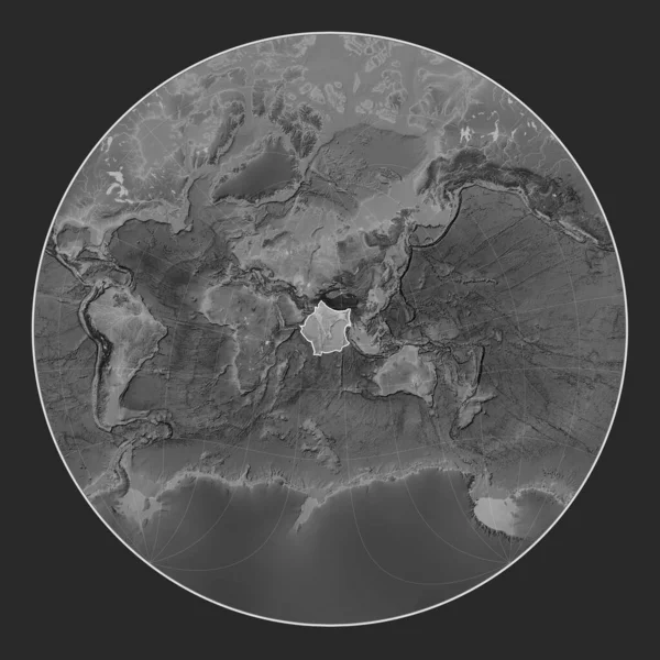 Indian tectonic plate on the grayscale elevation map in the Lagrange Oblique projection centered meridionally and latitudinally.