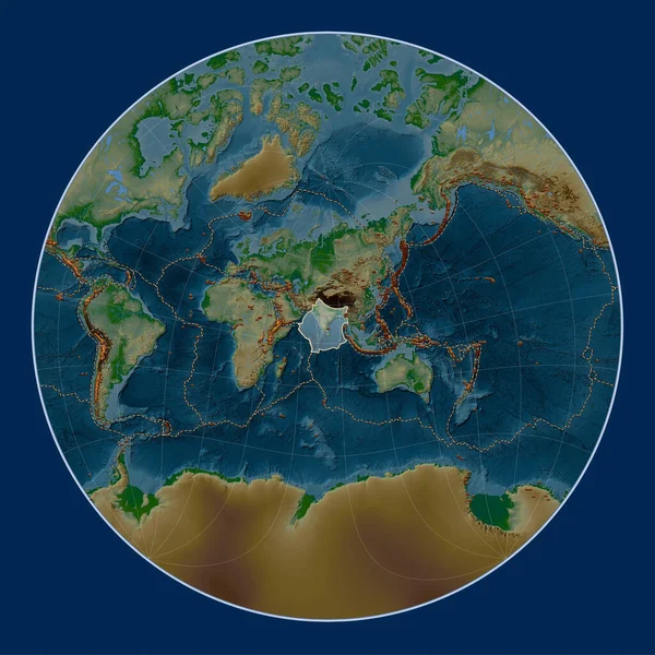 Lagrange Oblique Projeksiyonunun Fiziksel Yükseklik Haritasındaki Hint Tektonik Plakası Meridyenik — Stok fotoğraf