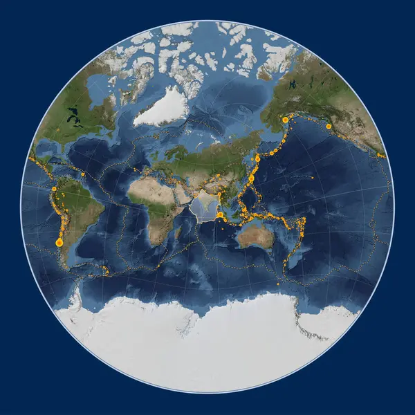 Indian tectonic plate on the Blue Marble satellite map in the Lagrange Oblique projection centered meridionally and latitudinally. Locations of earthquakes above 6.5 magnitude recorded since the early 17th century