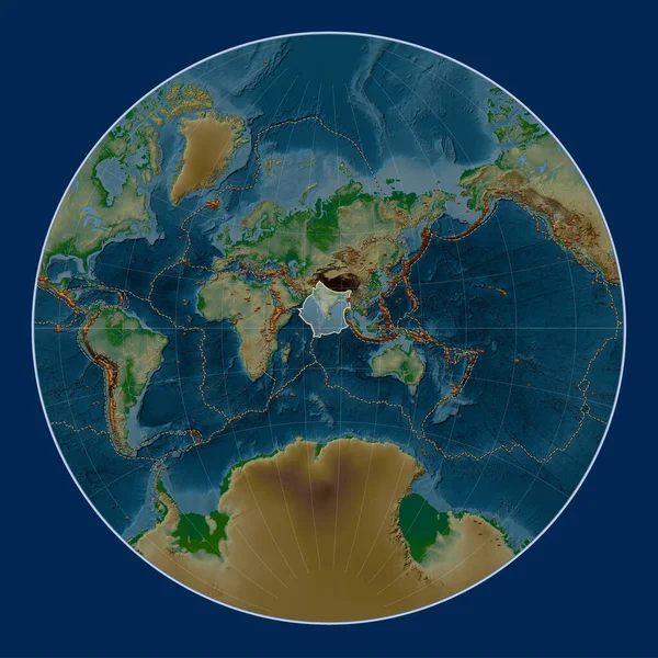 Lagrange Projeksiyonunun Fiziksel Yükseklik Haritasındaki Hint Tektonik Plakası Meridyenik Olarak — Stok fotoğraf