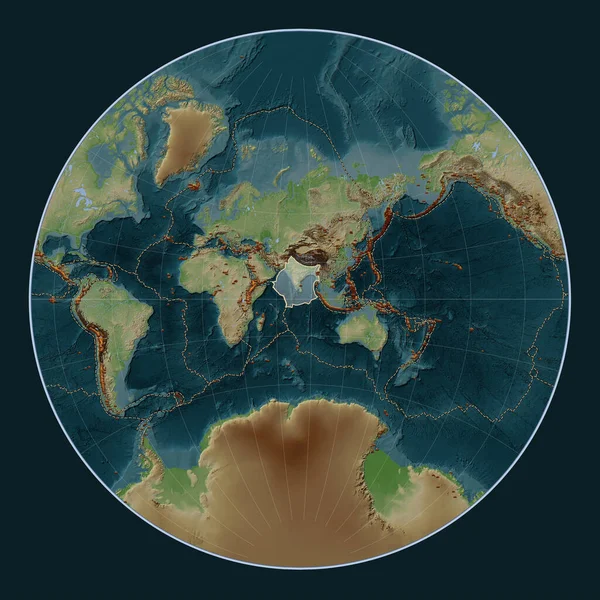 Indyjska Płyta Tektoniczna Mapie Elewacji Stylu Wiki Projekcji Lagrange Wyśrodkowana — Zdjęcie stockowe