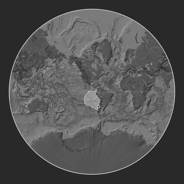 拉格朗日投影中双圆弧隆起图上的Nazca板块呈经向中心 17世纪初以来记录的6 5级以上地震位置 — 图库照片