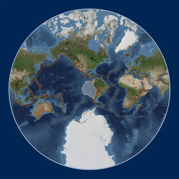 Nazca tectonic plate on the Blue Marble satellite map in the Lagrange Oblique projection centered meridionally and latitudinally. Distribution of known volcanoes