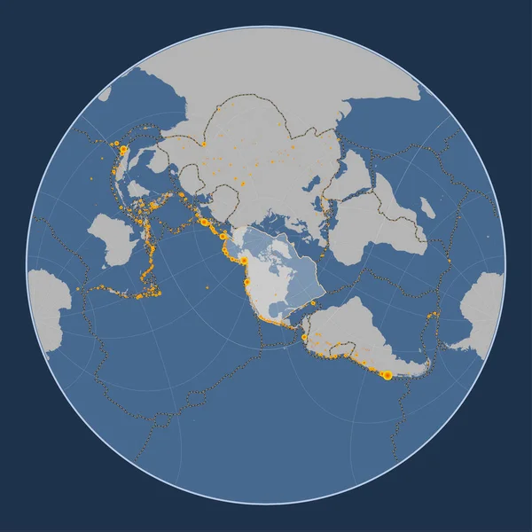 拉格朗日斜投影中固体等高线图上的北美洲板块以经向和纬度为中心 17世纪初以来记录的6 5级以上地震位置 — 图库照片
