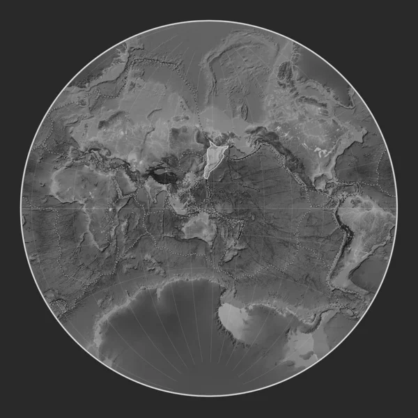拉格朗日投影灰度高程图上的Okhotsk板块以经线为中心 其他板块的边界 — 图库照片
