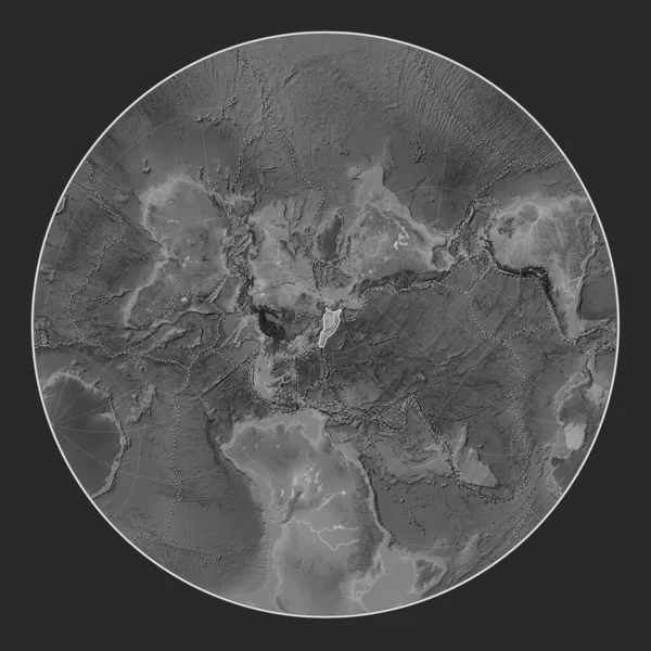 Okhotsk Tectonic Plate Grayscale Elevation Map Lagrange Oblique Projection Centered — Stock Photo, Image
