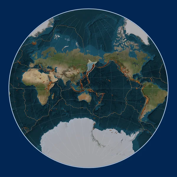 Okhotsk Tectonic Plate Blue Marble Satellite Map Lagrange Projection Centered — Stock Photo, Image