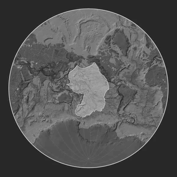 Pacific tectonic plate on the bilevel elevation map in the Lagrange Oblique projection centered meridionally and latitudinally.