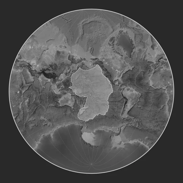 Pacific tectonic plate on the grayscale elevation map in the Lagrange Oblique projection centered meridionally and latitudinally. Boundaries of other plates