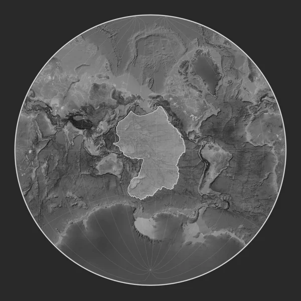 Pacific tectonic plate on the grayscale elevation map in the Lagrange Oblique projection centered meridionally and latitudinally.