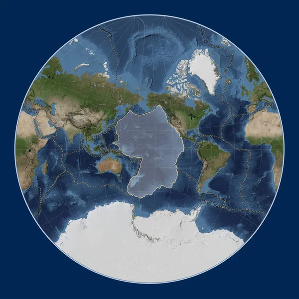 Pacific tectonic plate on the Blue Marble satellite map in the Lagrange Oblique projection centered meridionally and latitudinally. Boundaries of other plates