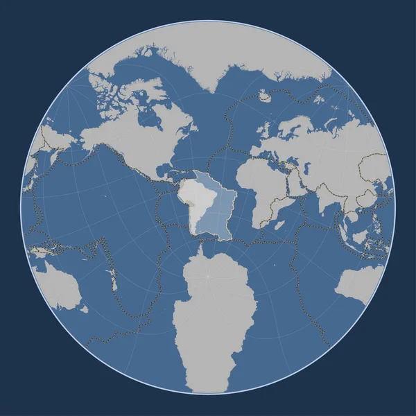 ラグランジュ オブライク投影の固体輪郭図上の南アメリカのテクトニックプレートは 水銀と縦方向を中心にした その他のプレートの境界線 — ストック写真