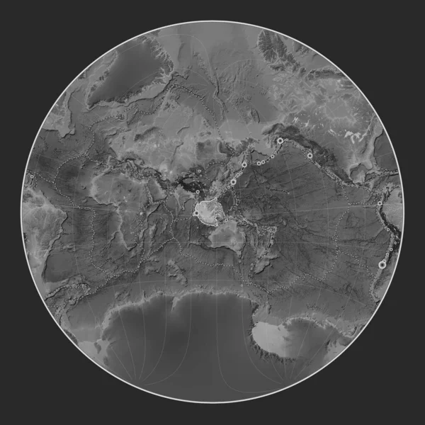 Sunda tectonic plate on the grayscale elevation map in the Lagrange Oblique projection centered meridionally and latitudinally. Locations of earthquakes above 6.5 magnitude recorded since the early 17th century