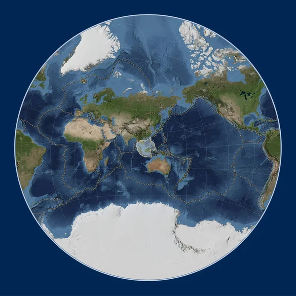 Sunda tectonic plate on the Blue Marble satellite map in the Lagrange Oblique projection centered meridionally and latitudinally. Boundaries of other plates