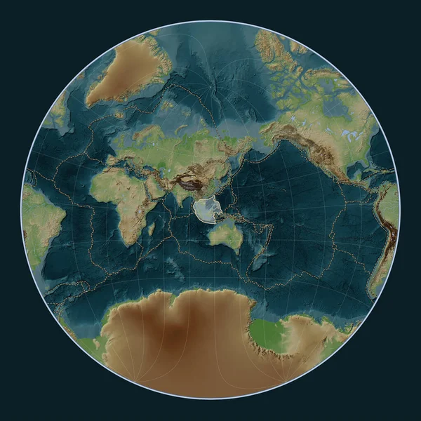 Sunda tectonic plate on the Wiki style elevation map in the Lagrange Oblique projection centered meridionally and latitudinally. Boundaries of other plates