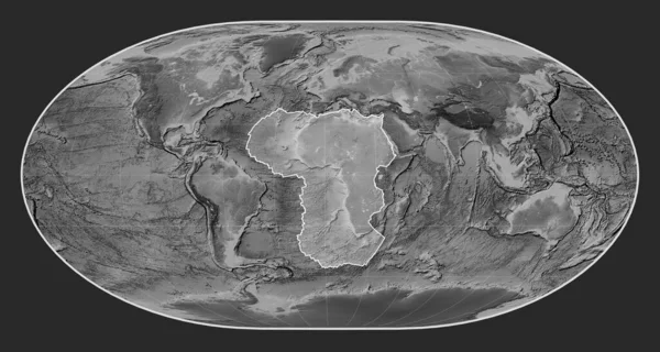 Loximuthal投影を中心としたグレースケールの標高地図上のアフリカのテクトニックプレート — ストック写真