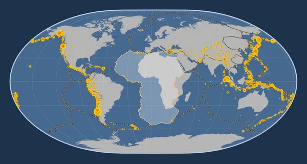 非洲板块在固体等高线地图上的近邻投影正中子午线中心 17世纪初以来记录的6 5级以上地震位置 — 图库照片