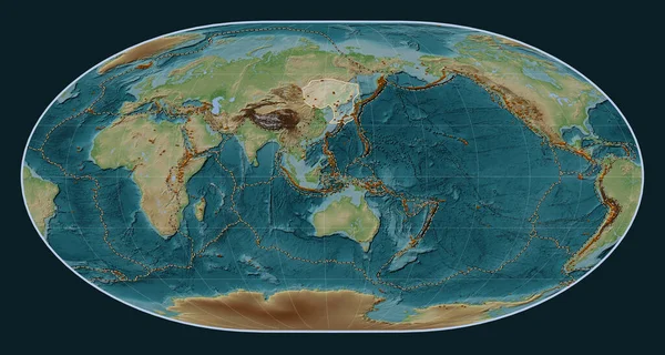 Loximuthal projeksiyon merkezli Wiki stil yükseltme haritasında Amur tektonik plakası. Bilinen volkanların dağılımı