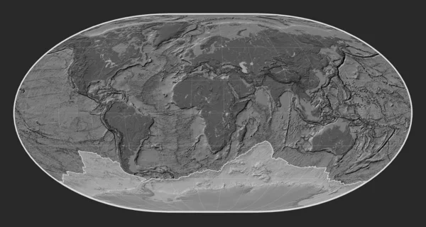 ローマスカル投影を中心とした胆汁標高地図上の南極大陸のテクトニックプレート — ストック写真