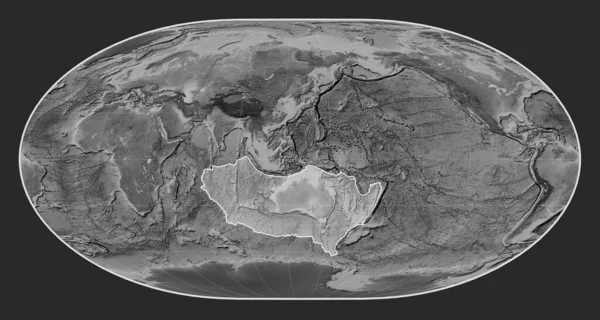 Australijska Płyta Tektoniczna Mapie Elewacji Skali Szarości Projekcji Loximuthal Wyśrodkowanej — Zdjęcie stockowe