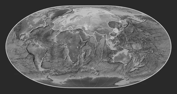 ローマスカル投影のグレースケールの標高地図上のユーラシアのテクトニックプレートは 銀河を中心にした その他のプレートの境界線 — ストック写真