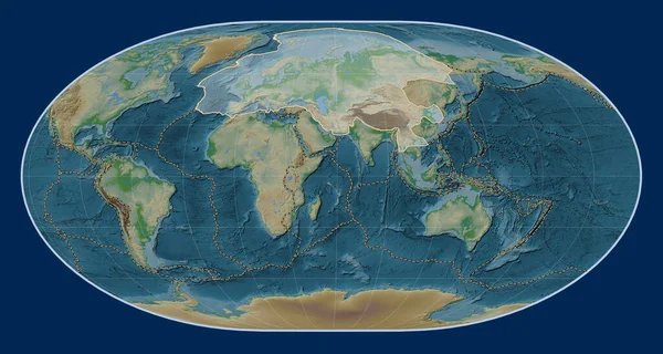 Loximuthal projeksiyon merkezli fiziksel yükseklik haritasında Avrasya tektonik plakası. Diğer kalıpların sınırları
