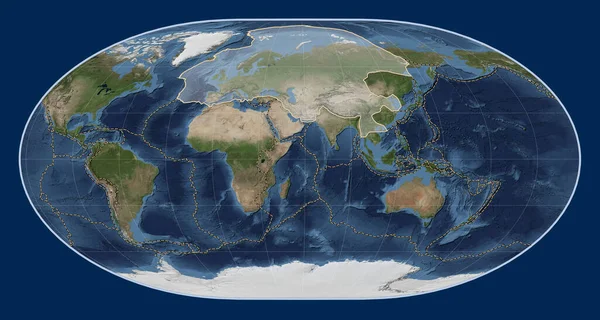 Euraziatische Tektonische Plaat Blue Marble Satelliet Kaart Loximuthal Projectie Gecentreerd — Stockfoto