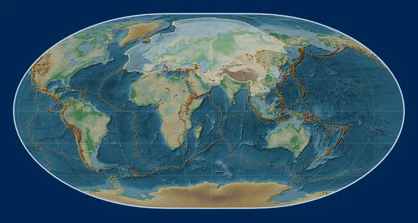 Loximuthal projeksiyon merkezli fiziksel yükseklik haritasında Avrasya tektonik plakası. Bilinen volkanların dağılımı