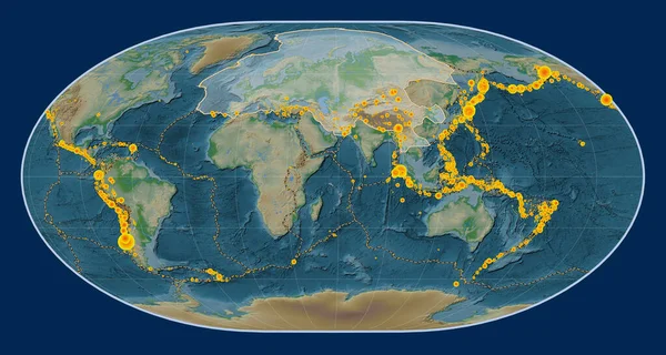 Euraziatische Tektonische Plaat Fysieke Hoogtekaart Loximuthal Projectie Gecentreerd Meridionaal Aardbevingen — Stockfoto