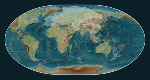 Loximuthal projeksiyon merkezli Wiki stil yükseltme haritasında Avrasya tektonik plakası. Bilinen volkanların dağılımı