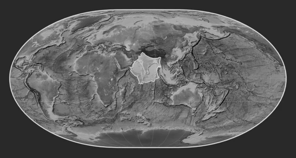 Indian Tectonic Plate Grayscale Elevation Map Loximuthal Projection Centered Meridionally — Stock Photo, Image