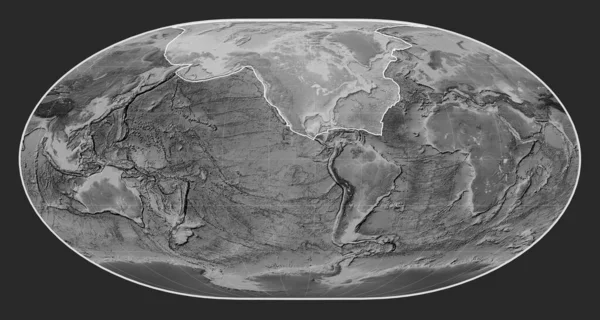 ローマスカル投影を中心としたグレースケールの標高地図上の北アメリカのテクトニックプレート — ストック写真